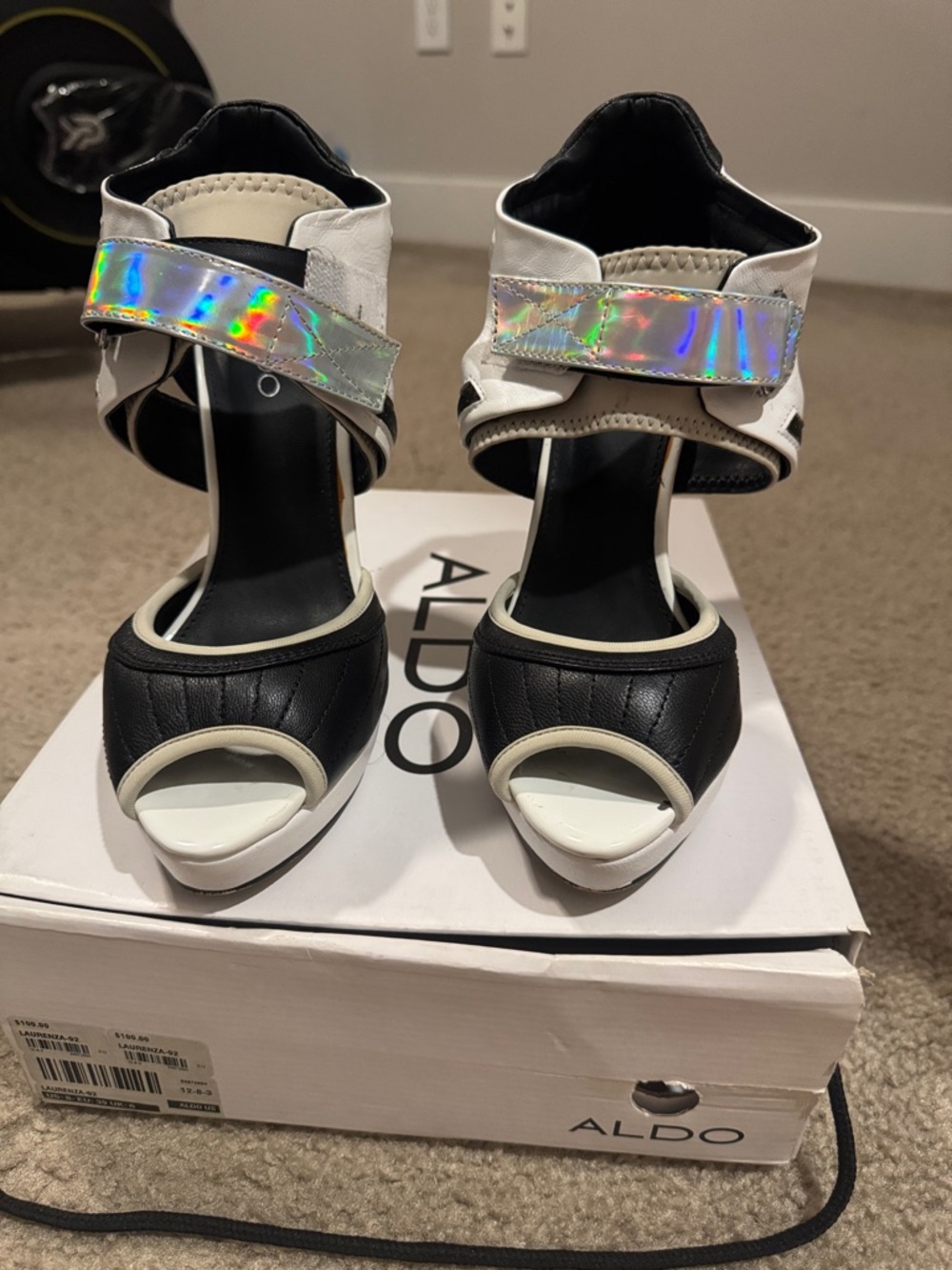 ALDO Black, White and Holographic Strap Peep-Toe Heels